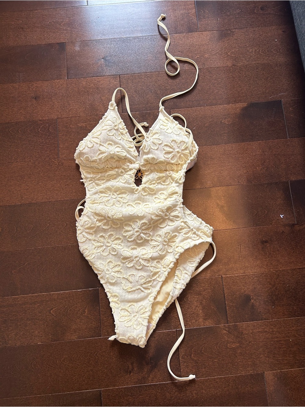 Lace Floral One-Piece Swimsuit - yellow cream